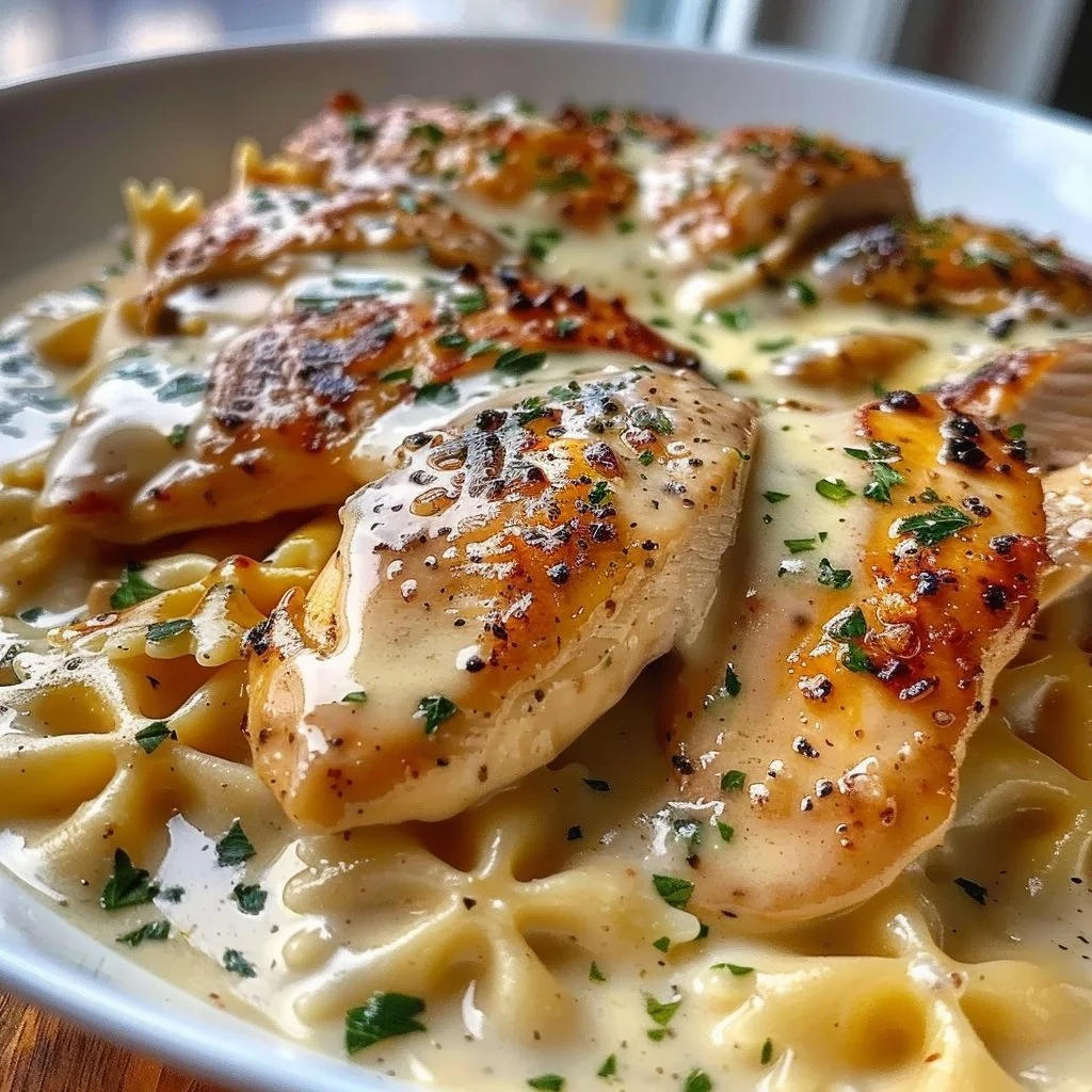 Cheesy garlic butter chicken with bowtie pasta and creamy sauce