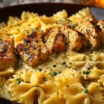Cheesy Garlic Chicken Bowtie Pasta garnished with parsley and cheese
