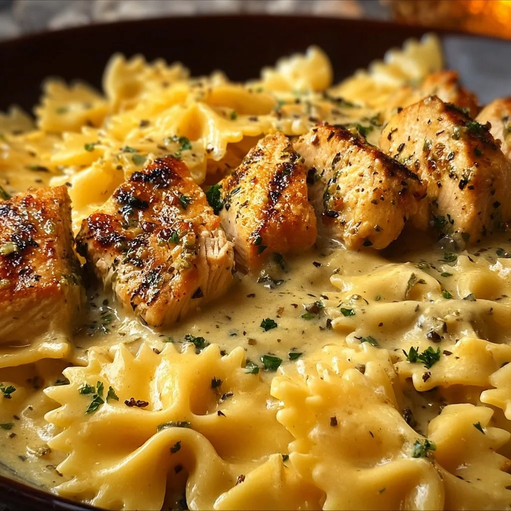 Cheesy Garlic Chicken Bowtie Pasta garnished with parsley and cheese