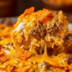 Cheesy Hashbrown Dorito Casserole topped with crunchy Doritos and cheese