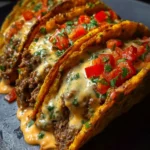 Cheesy Rotel beef tacos served in tortilla with toppings