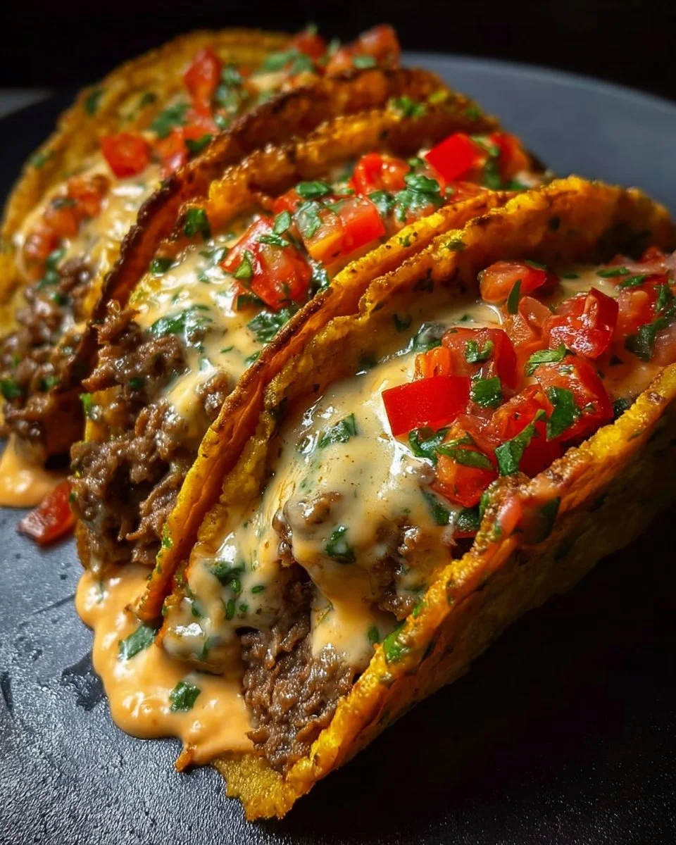 Cheesy Rotel beef tacos served in tortilla with toppings