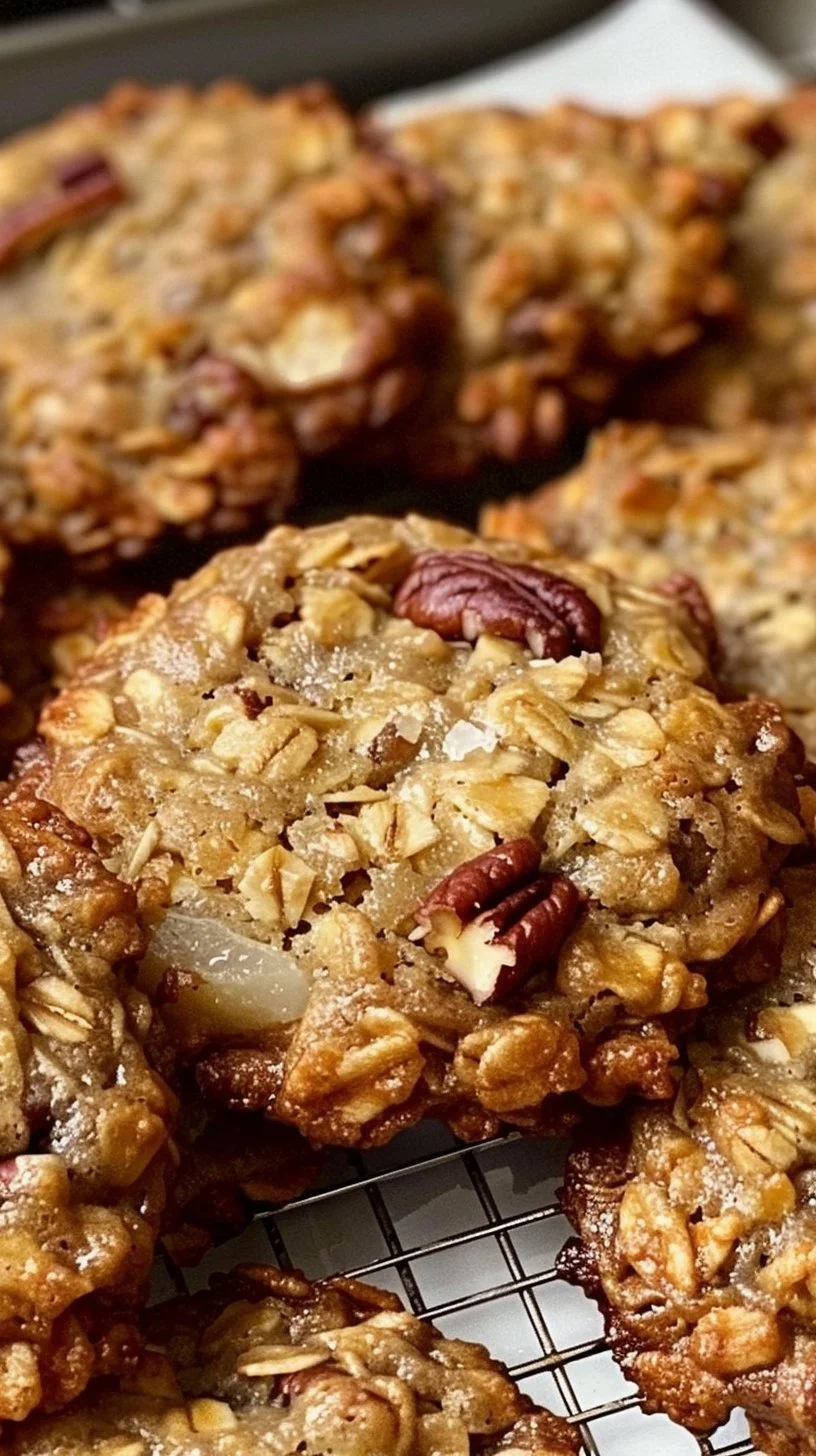 Chewy pecan oatmeal cookies with crispy edges on a plate