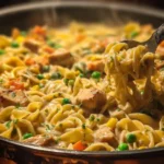 Creamy Chicken Pot Pie Pasta with vegetables and herbs in a bowl