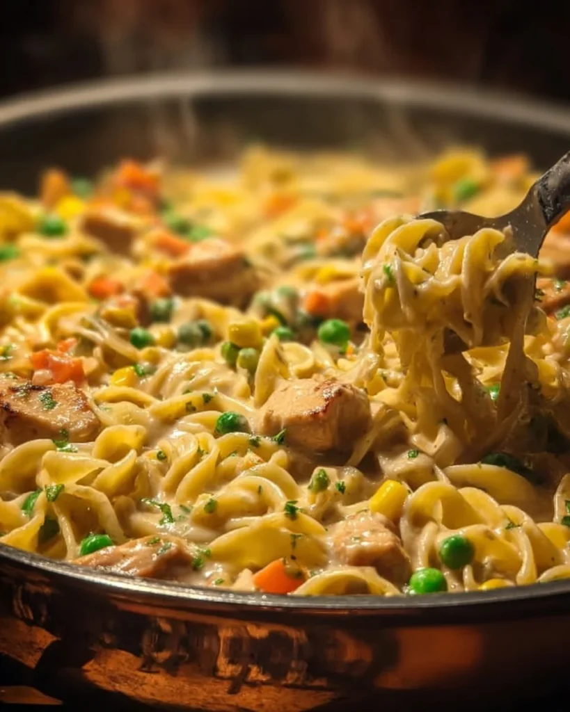 Creamy Chicken Pot Pie Pasta with vegetables and herbs in a bowl