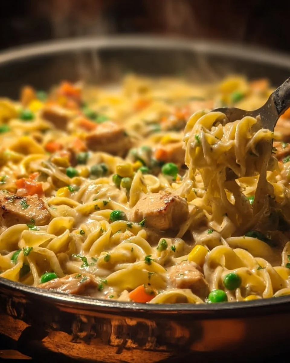 Creamy Chicken Pot Pie Pasta with vegetables and herbs in a bowl