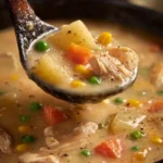 Delicious bowl of Chicken Pot Pie Soup with vegetables and creamy broth