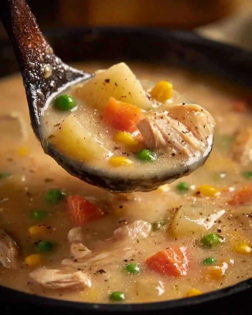 Delicious bowl of Chicken Pot Pie Soup with vegetables and creamy broth
