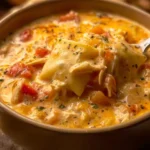 Delicious bowl of Chicken Ranch Lasagna Soup with melted cheese and herbs