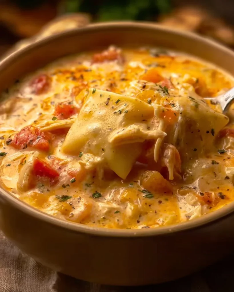 Delicious bowl of Chicken Ranch Lasagna Soup with melted cheese and herbs