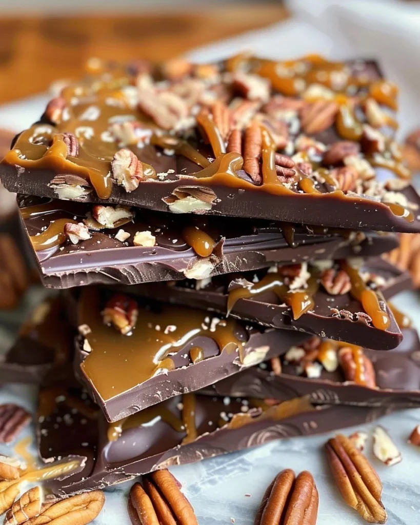 Homemade chocolate caramel bark topped with nuts and sea salt.