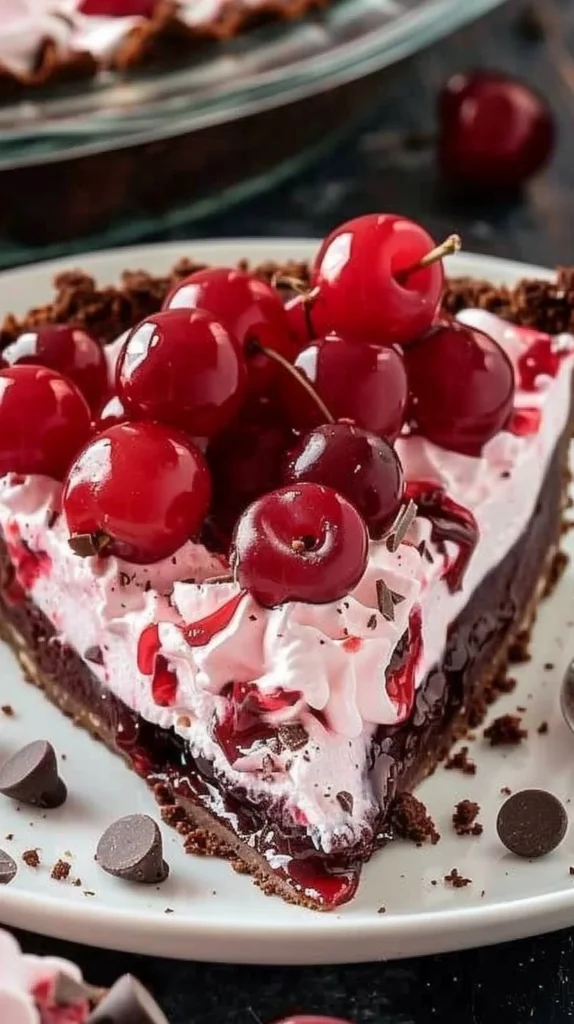 No bake chocolate cherry pie topped with cherries and chocolate drizzles