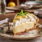 Sliced lemon icebox pie served on a plate with a lemon slice garnish.