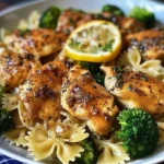 Cowboy Butter Lemon Bowtie Chicken with Broccoli served on a plate