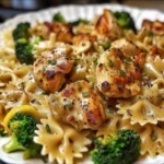 Cowboy Butter Lemon Bowtie Chicken with Broccoli served in a plate