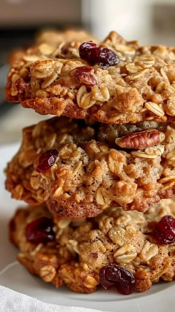 Freshly baked cranberry walnut oatmeal cookies on a cooling rack