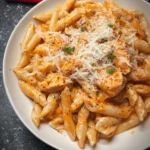 Creamy Buffalo Chicken Penne dish with sauce and pasta