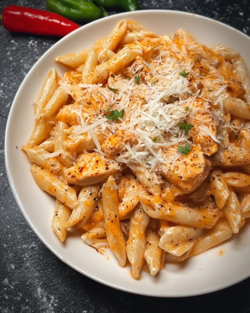Creamy Buffalo Chicken Penne dish with sauce and pasta