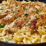 Creamy garlic chicken bowtie pasta dish garnished with herbs