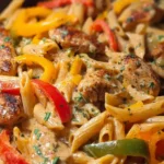 Creamy jerk chicken rasta pasta served in a bowl with vibrant vegetables.