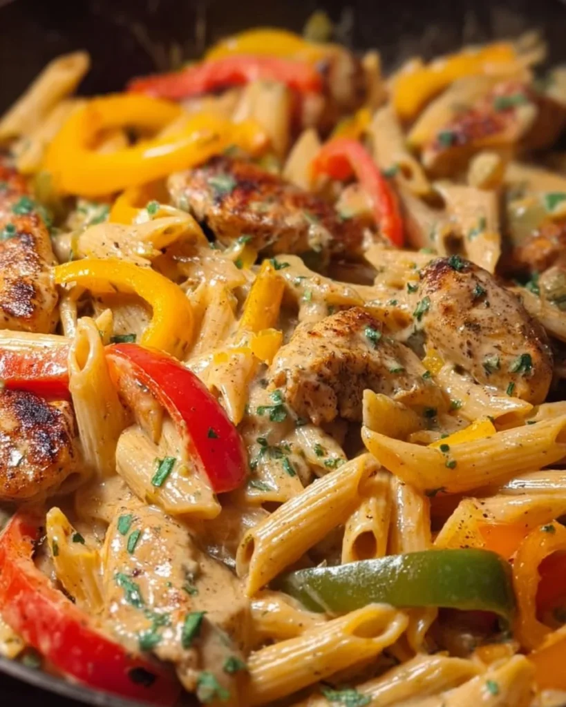 Creamy jerk chicken rasta pasta served in a bowl with vibrant vegetables.