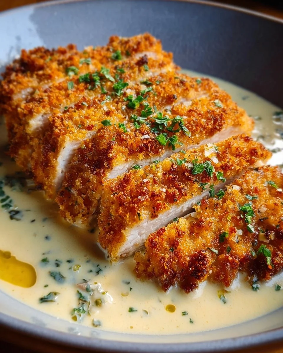 Crispy Parmesan Chicken served with creamy garlic sauce