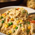 Crockpot Chicken and Stuffing Casserole served in a bowl with herbs on top.