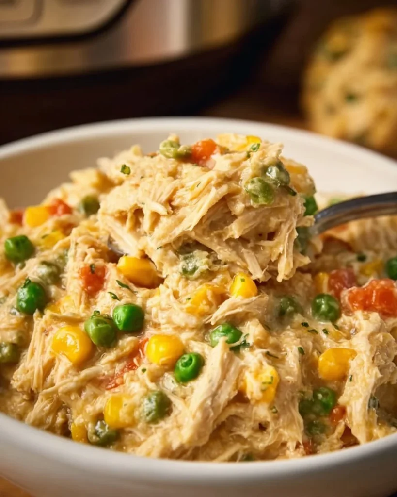 Crockpot Chicken and Stuffing Casserole served in a bowl with herbs on top.