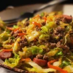 Delicious Dirty Cabbage dish with Smoked Turkey Sausages served on a plate.