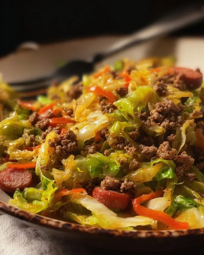 Delicious Dirty Cabbage dish with Smoked Turkey Sausages served on a plate.