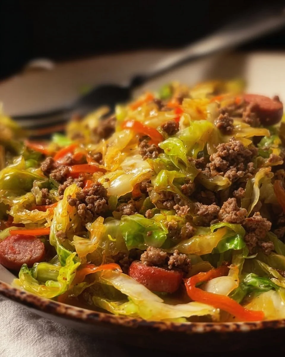 Delicious Dirty Cabbage dish with Smoked Turkey Sausages served on a plate.