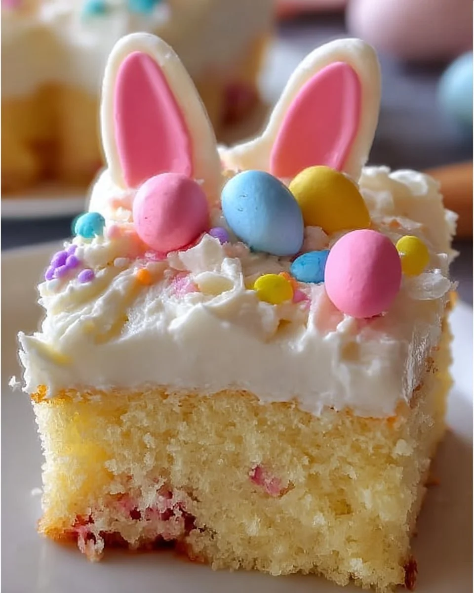 Easter Bunny Poke Cake topped with colorful treats for a festive spring dessert