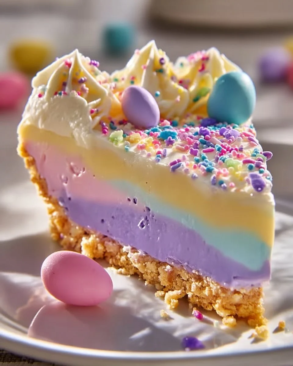 Colorful Easter Jell-O Pie slice on a plate