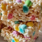 Colorful Easter Rice Krispie Bars decorated with festive sprinkles and chocolate.