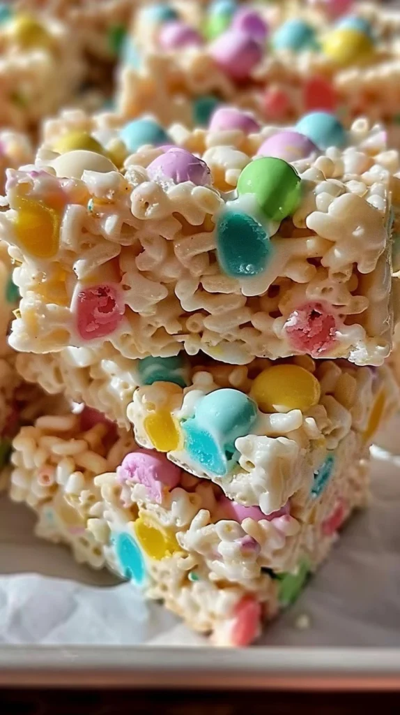 Colorful Easter Rice Krispie Bars decorated with festive sprinkles and chocolate.