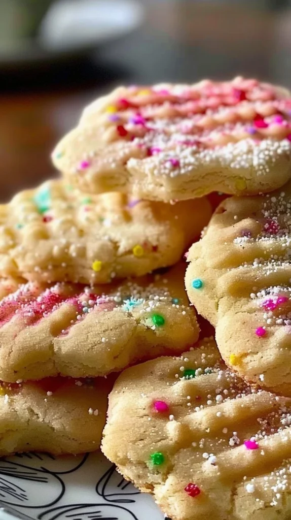 A plate of colorful Easter Shortbread Cookies decorated with icing and sprinkles.