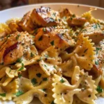 Easy creamy garlic butter chicken bowtie pasta for a quick dinner
