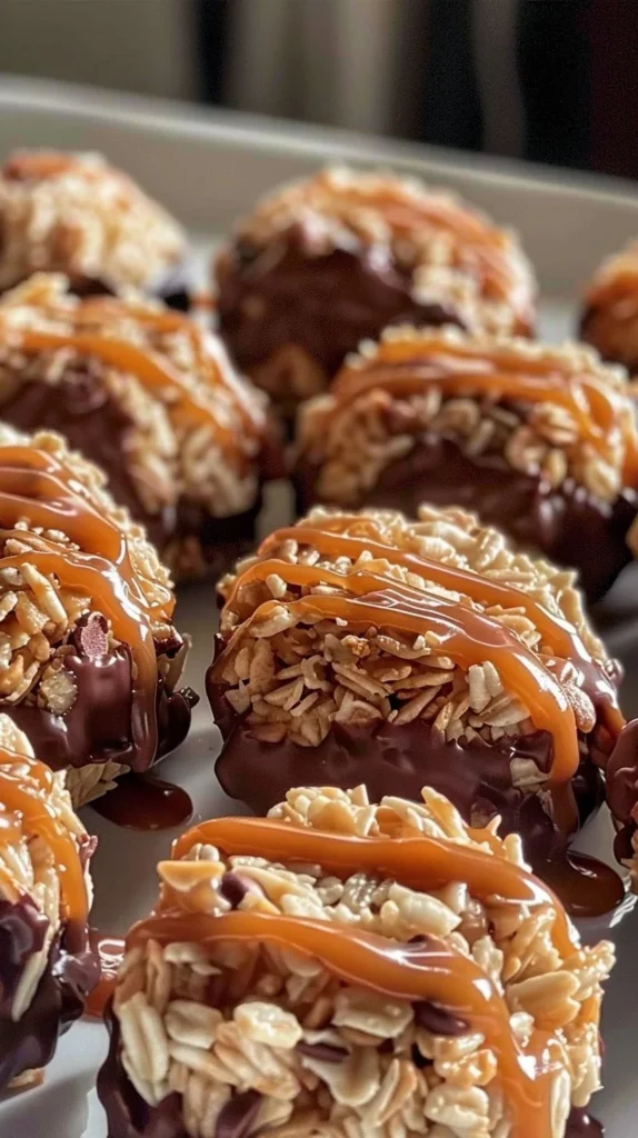Delicious no-bake Samoa cookies topped with chocolate and coconut.