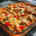 A delicious Fajita Chicken Casserole topped with cheese and colorful peppers