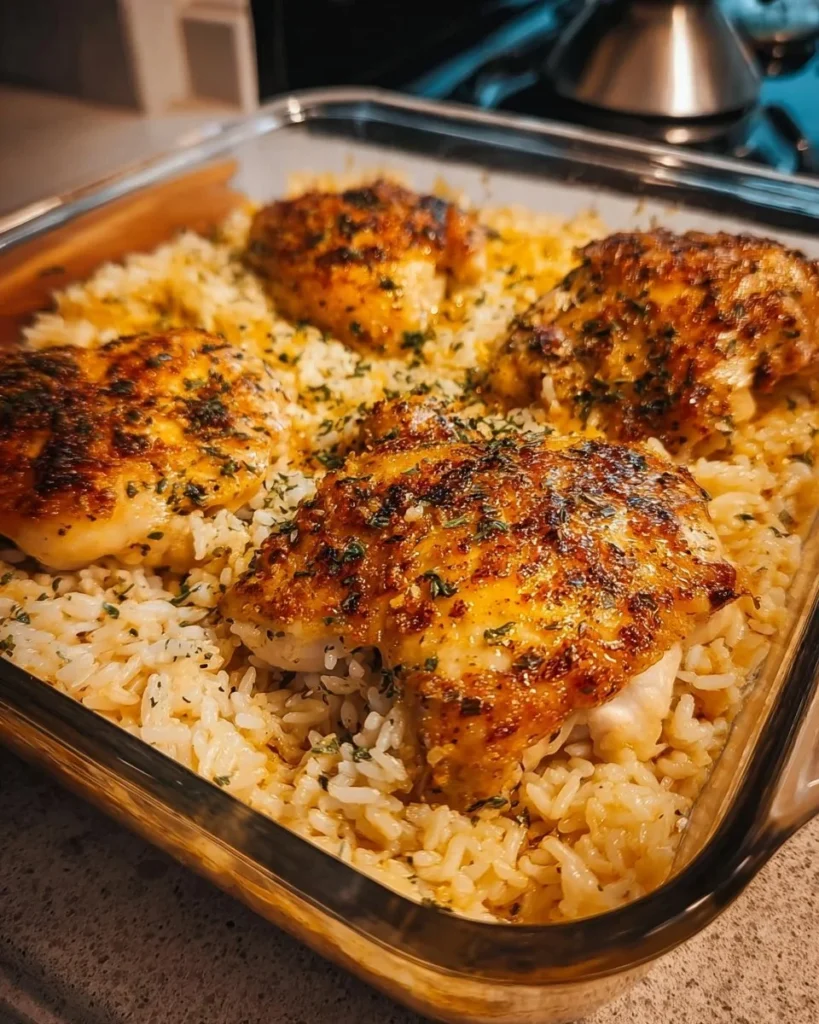 Delicious Forgotten Chicken and Rice dish featuring tender chicken and seasoned rice