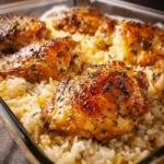 A delicious serving of forgotten chicken and rice topped with fresh herbs.