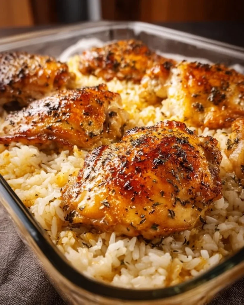 A delicious serving of forgotten chicken and rice topped with fresh herbs.