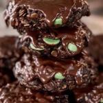 Fudgy mint chocolate no-bake cookies arranged on a plate for a delicious treat