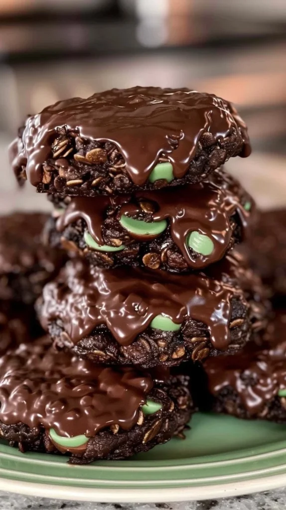 Fudgy mint chocolate no-bake cookies arranged on a plate for a delicious treat