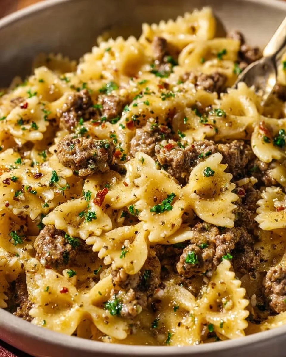 Delicious Garlic Butter Bowtie Pasta with Ground Beef served in a bowl
