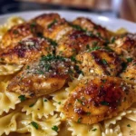 Garlic Butter Chicken served with bowtie pasta on a plate