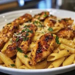 Plate of Garlic Butter Chicken Bites with pasta garnished with herbs
