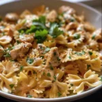 Creamy garlic butter chicken served with bowtie pasta