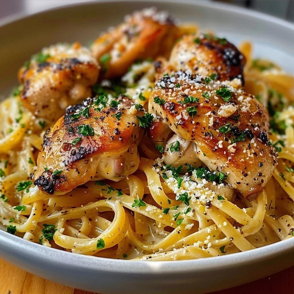 Creamy Garlic Butter Chicken Pasta garnished with parsley in a bowl