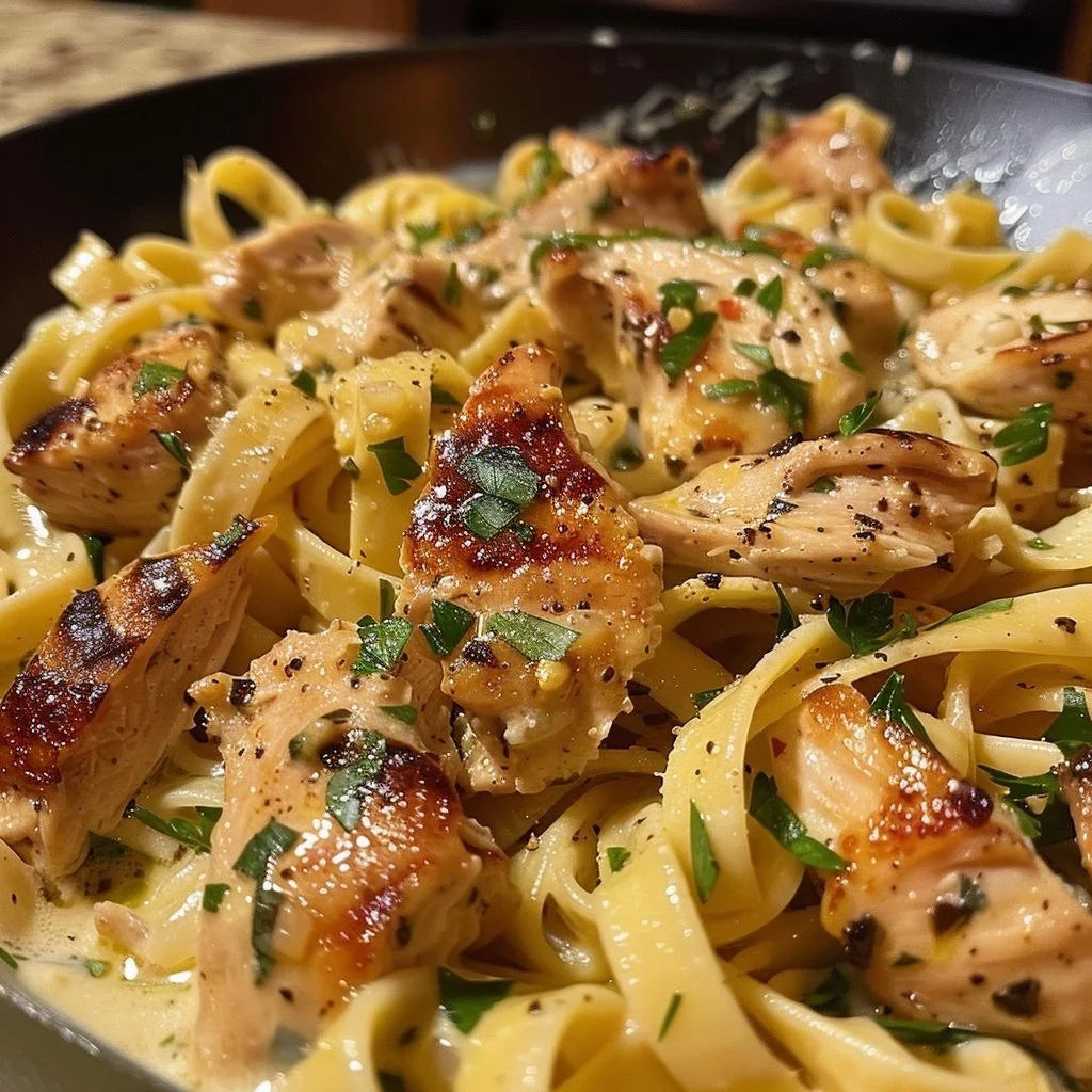Delicious Garlic Butter Chicken Pasta served with herbs and grated cheese.